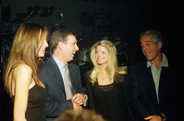 Smiling Melania Trump in black spaghetti-strap dress, laughing Prince ANdrew in blue loose-cut suit, blue shirt and silver-purple tie, smiling Gwendolyn Beck in black and Jeffre Epstein in sports coat and soft collared tennis shirt with collar over his jacket, eyes closed and apparently smiling or laughing.