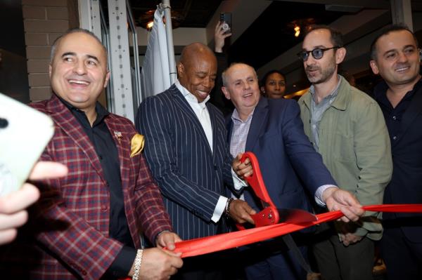 Jack Sinanaj, Mayor Eric Adams, Russ Sinanaj, Andrew Rigie, and Jeff Sinanaj attend the Grand Opening Of The Empire Steak House on October 25, 2023 in New York City.