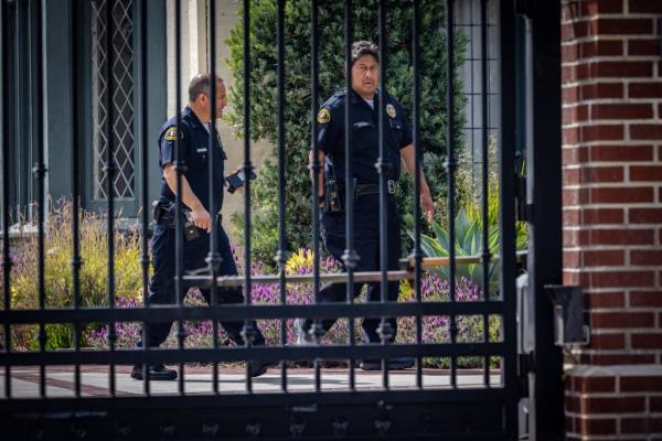 Police patrol outside of the Getty House a day after the alleged burglary on April 22, 2024 on Los Angeles.