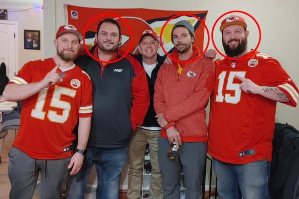 David Harrington (second left), Clayton McGeeney (second right) and Ricky Johnson (right) are shown with two unidentified fellow Chiefs fans, neither of whom is believed to be involved in the mystery.