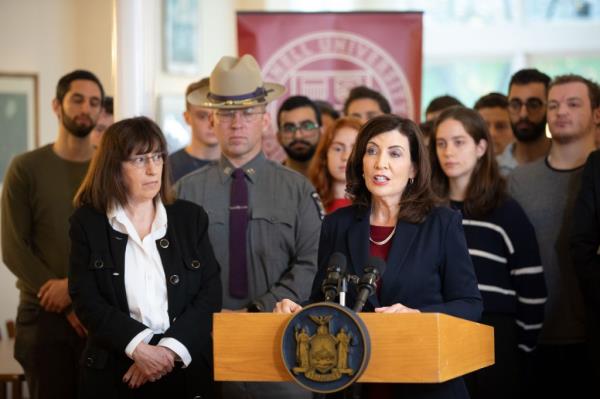 Governor Kathy Hochul joins Cornell University President Martha Pollack for a visit with students at the Center for Jewish Living at Cornell. 