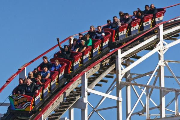 Riders on the Cyclone rollercoaster