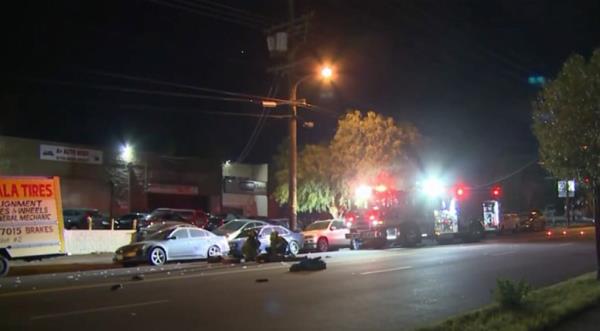 Emergency respo<em></em>nders seen on San Fernando Road in Los Angeles after a fatal hit-and-run crash Friday