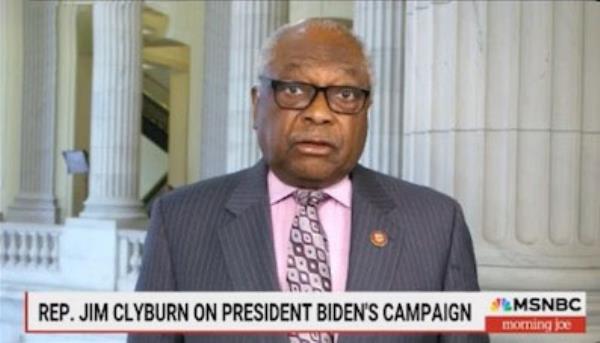 Rep. Jim Clyburn in a suit and tie during an MSNBC interview, being interrupted with breaking news of a 3.5% rise in co<em></em>nsumer prices in March