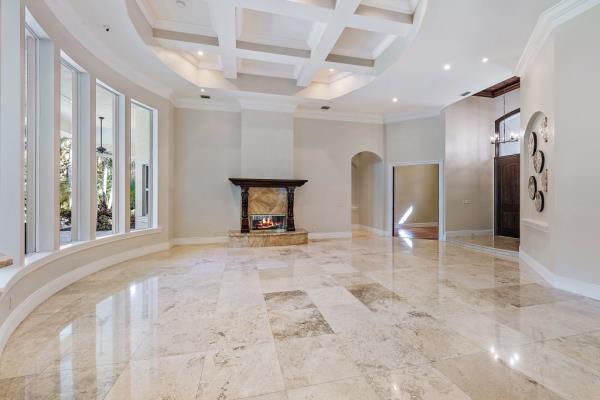 The great room with coffered ceilings.