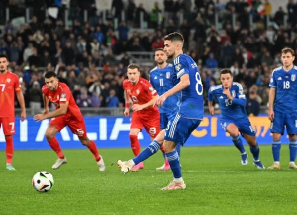 Mandatory Credit: Photo by Xinhua/Shutterstock (14219783g) Italy's Jorginho misses penalty kick during a UEFA Europeans Qualifiers Group C match between Italy and North Macedo<em></em>nia in Rome, Italy, Nov. 17, 2023. Italy Rome Football Uefa Euro 2024 Qualifiers - 17 Nov 2023