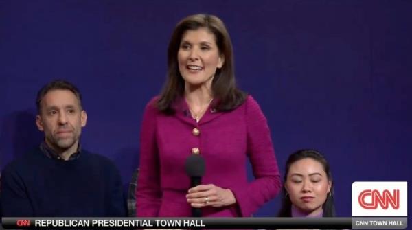 Presidential hopeful Nikki Haley during her surprise appearance on Saturday Night Live’s cold opening.