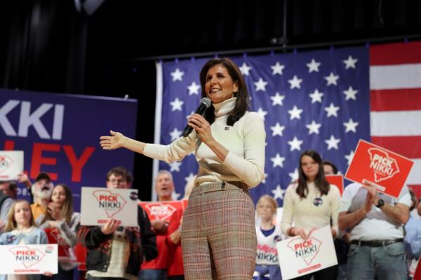 Haley reacts while attending a campaign event at Indian Land High School's auditorium in Lancaster, South Carolina, U.S. February 2, 2024.  