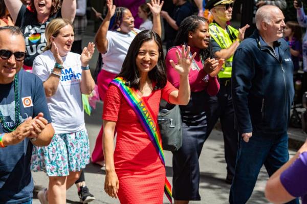 Wu waves while marching in the Pride Parade in Boston, Massachusetts, on June 10, 2023.