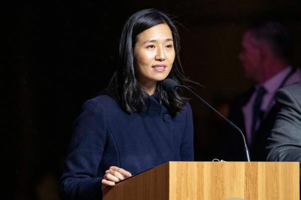 Wu speaking at Boston City Hall event with Prince William, Princess Kate, Massachusetts Governor elect Maura Healy, and Reverend Mariama White-Hammond on Nov. 11, 2022.