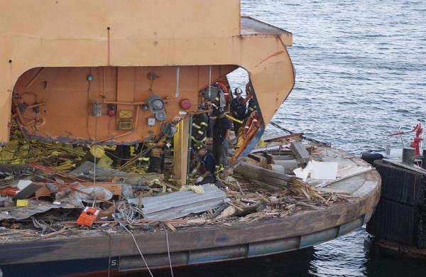 Destruction to the Staten Island Ferry boat Andrew J. Barberi which was involved in a fatal accident at the ferry terminal in Staten Island, N.Y. 15 October 2003.