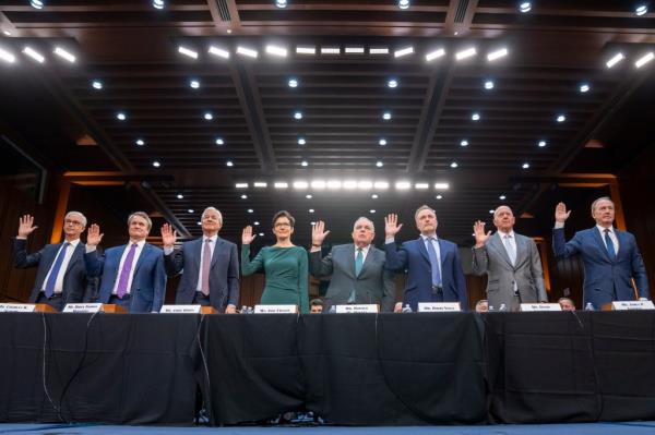 Eight banking executives were at Wednesday's hearing, including Bank of America's Thomas Moynihan, Citigroup's Jane Fraser, Wells Fargo CEO Charles Scharf and Goldman Sachs chief David Solomon.