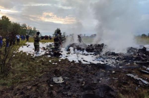 Photo released by Investigative Committee of Russia on Aug. 23, 2023 shows the crash site of a private plane in Tver Region near Moscow, Russia. 