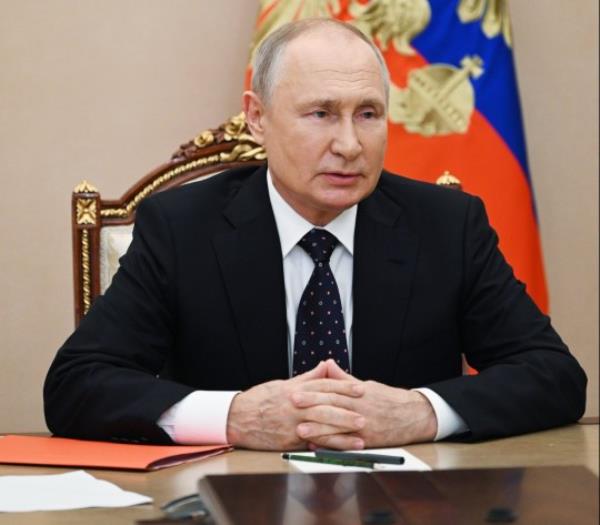 Russian President Vladimir Putin holds an operatio<em></em>nal meeting via video co<em></em>nference with permanent members of the Russian Security Council in Moscow, Russia, 25 August 2023. 