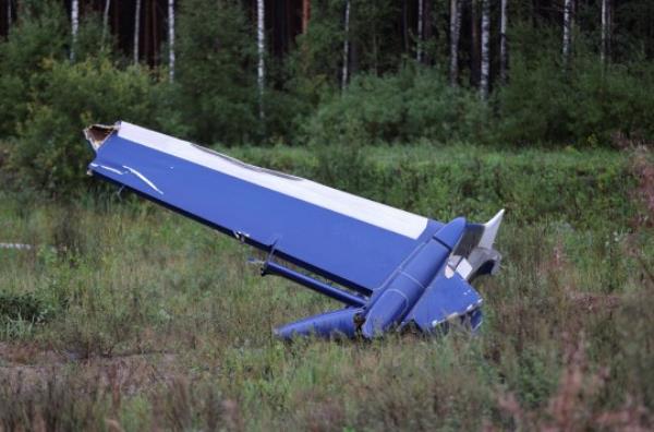 A wreckage of the private jet l<em></em>inked to Wagner mercenary chief Yevgeny Prigozhin is seen near the crash site in the Tver region, Russia, August 24, 2023.