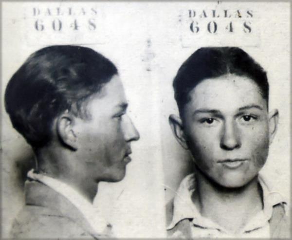 Right side of Clyde Barrow and front view in a mugshot. 