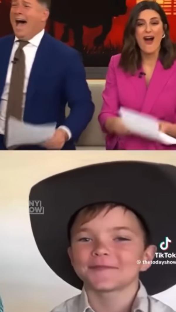 Today hosts Karl Stefanovic and Sarah Abo with the young jokester. 