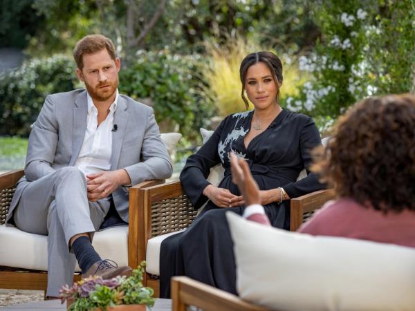 FILE PHOTO: Britain's Prince Harry and Meghan, Duchess of Sussex, are interviewed by Oprah Winfrey in this undated handout photo.  