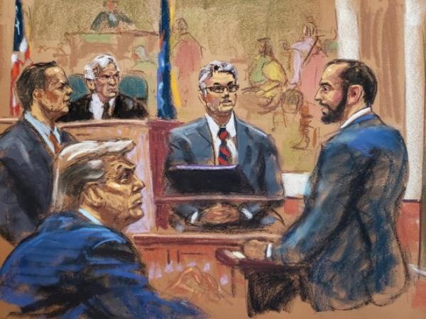 Former President Do<em></em>nald Trump (bottom left) watches as Assistant Attorney General Alex Finkelstein questions Bill Kelly while defense lawyer Christopher Kise objects, during the Trump Organization civil fraud trial before Judge Arthur Engoron in New York 