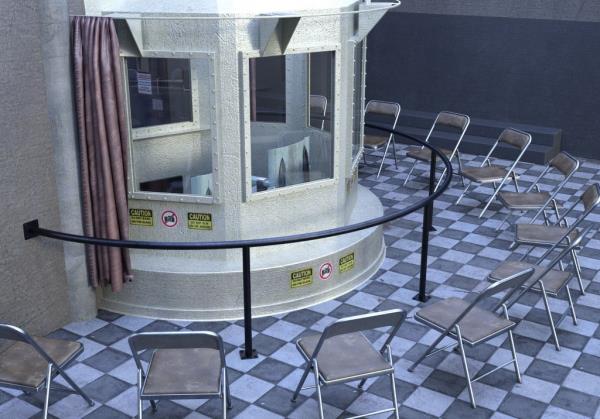 3D-render of a round prison death chamber with chairs around it.