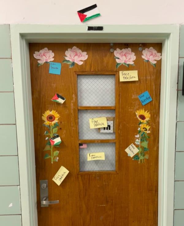 Free Palestine notes stuck to Social Studies teacher Danielle Kaminsky class room door.