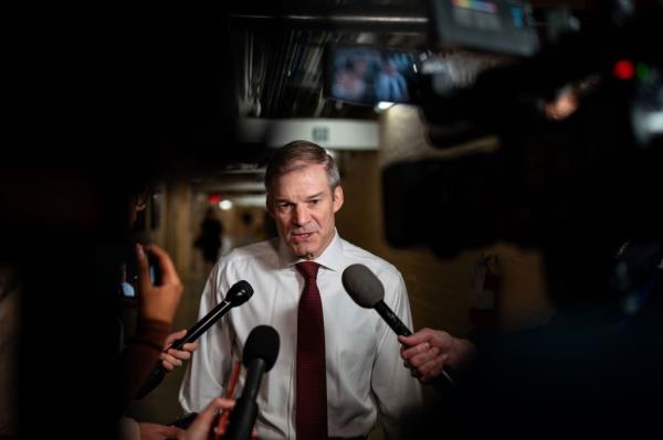 Jim Jordan (R-OH) speaks to reporters as he arrives for a House Republican co<em></em>nference meeting on Capitol Hill on March, 6 2024 in Washington, DC. 