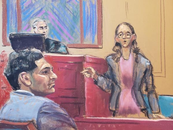 court sketch of Ellison on stand