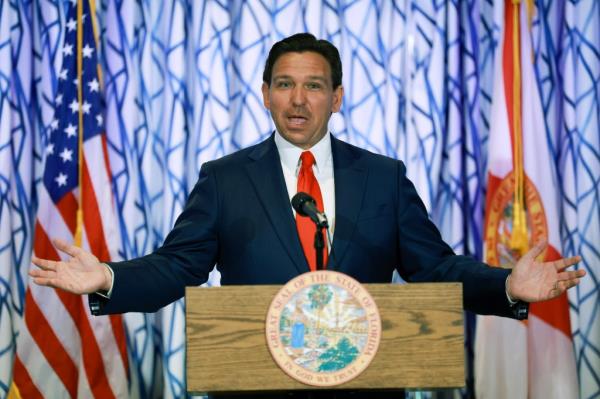 Florida Gov. Ron DeSantis speaks during a news co<em></em>nference held at the Santorini by Georgios restaurant in Miami Beach on March 20, 2024.