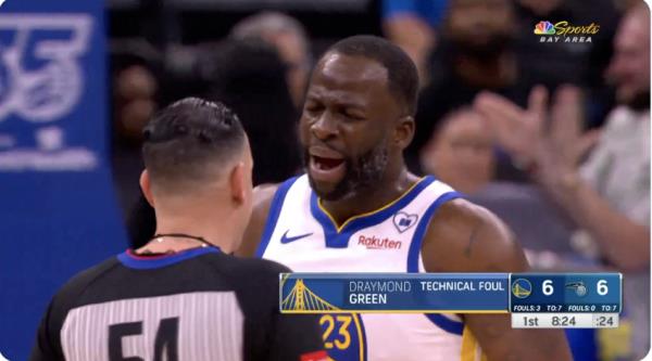 Draymond Green was ejected just four minutes into the Warriors' game against the Magic in Orlando for arguing over a foul called on Andrew Wiggins with referee Ray Acosta.