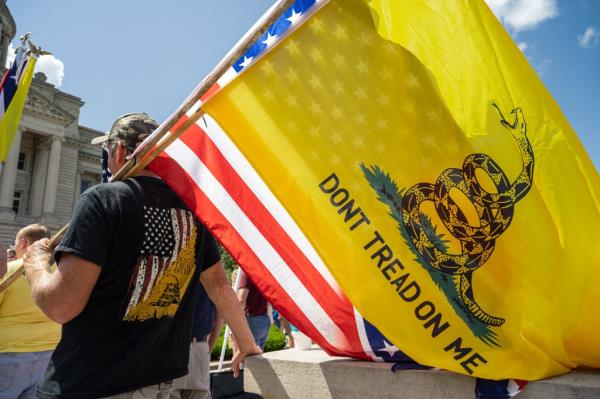 Man carrying a Gadsden flag