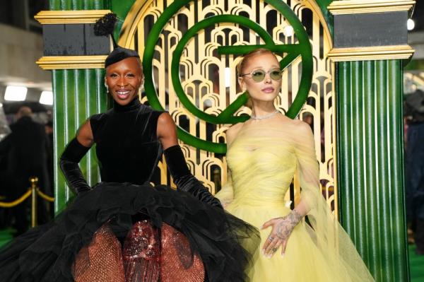 Cynthia Erivo and Ariana Grande pose for photographers upon arrival at the premiere of the film 'Wicked' on Monday, Nov. 18, 2024, in London. 