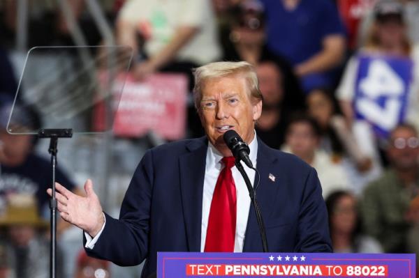 Republican presidential nominee and former U.S. President Do<em></em>nald Trump speaks during a campaign event at Riverfront Sports in Scranton, Pennsylvania, U.S. October 9, 2024. 