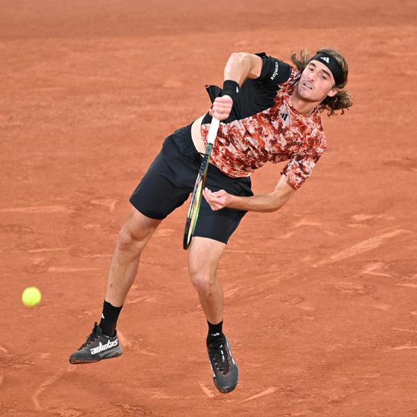 Stefanos Tsitsipas of Greece plays against Carlos Alcaraz of Spain during the Men's Singles Quarter Final match on Day Ten of the 2023 French Open at Roland Garros Stadium in Paris, France on June 6, 2023.  