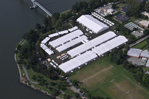 Aerial view of migrant tents on Randals Island, New York City on September 16, 2023