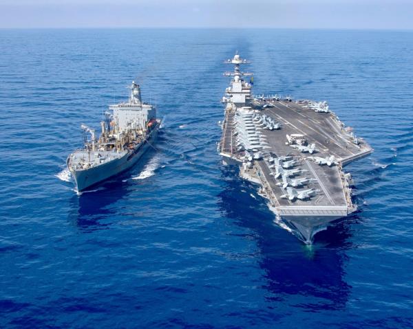 USS Gerald R. Ford aircraft carrier refuels from the underway replenishment oiler USNS Laramie in the eastern Mediterranean Sea, Oct. 11, 2023. 