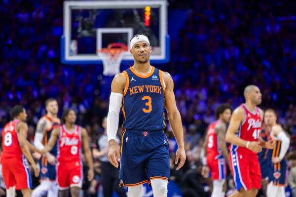 Josh Hart reacts during the Knicks' Game 4 win over the 76ers on April 28, 2024. 