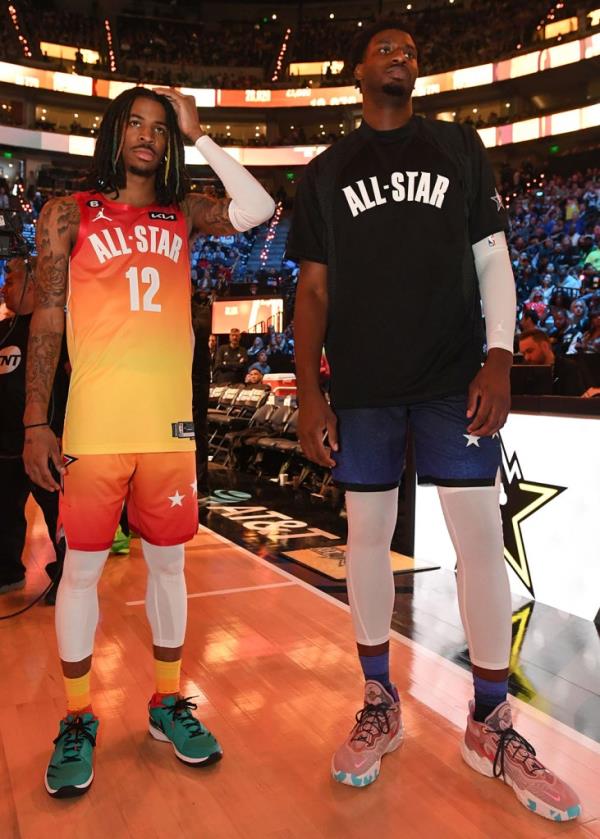 Ja Morant #12 of the Memphis Grizzlies and Jaren Jackson Jr. #13 of the Memphis Grizzlies before the game 2023 NBA All-Star game on February 19, 2023 at Vivint Arena in Salt Lake City, Utah.