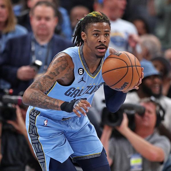 Ja Morant #12 of the Memphis Grizzlies brings the ball upcourt during the game against the Los Angeles Lakers during Game 5 of the Western Co<em></em>nference First Round Playoffs at FedExForum on April 26, 2023 in Memphis, Tennessee.  