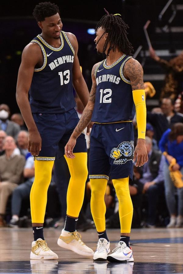 Jaren Jackson Jr. #13 of the Memphis Grizzlies and Ja Morant #12 of the Memphis Grizzlies during Game 2 of the Western Co<em></em>nference First Round against the Minnesota Timberwolves at FedExForum on April 19, 2022 in Memphis, Tennessee.  