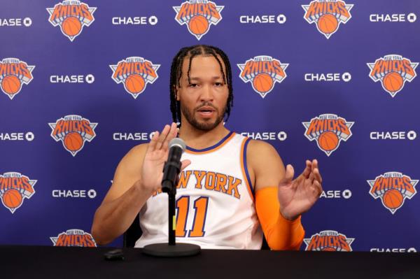 New York Knicks guard Jalen Brunson speaking at media day press co<em></em>nference on September 30, 2024.