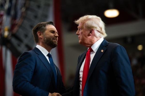 Sen. J.D. Vance (R-OH) introduces U.S. Republican Presidential nominee former President Do<em></em>nald Trump during a rally at Herb Brooks Natio<em></em>nal Hockey Center on July 27, 2024 in St Cloud, Minnesota.