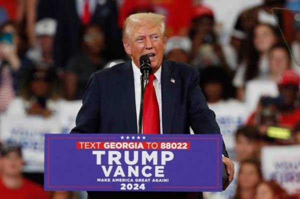 Former President Do<em></em>nald J. Trump speaks during a rally in Atlanta on Saturday, Aug. 3, 2024.