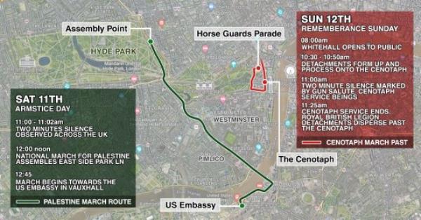 METRO GRAPHICS Natio<em></em>nal March for Palestine route map Saturday 11th November Armstice Day, Cenotaph Credit metro.co.uk