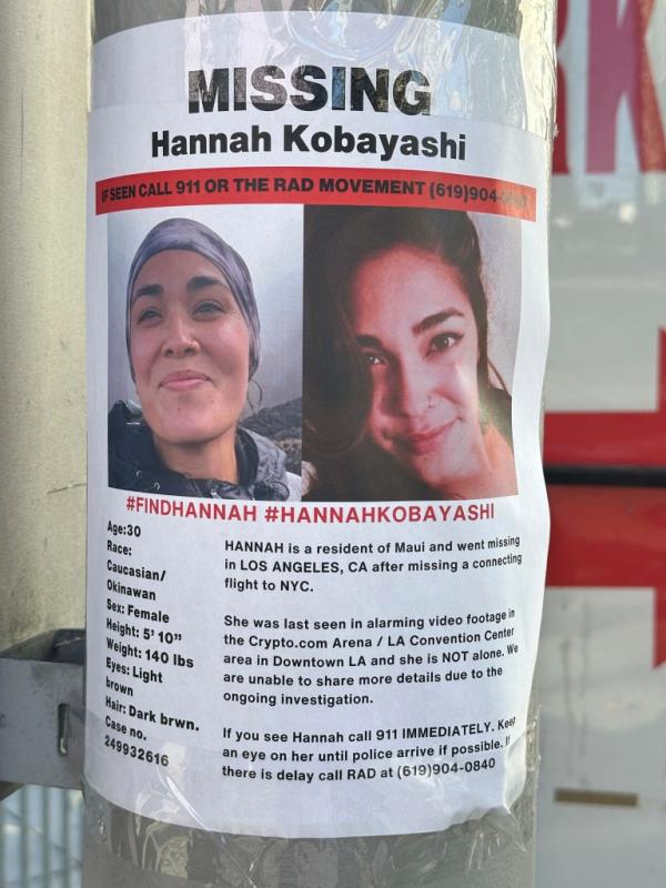 A flyer with information on Hannah Kobayashi, currently missing, is displayed Thursday, Nov. 21, 2024 in Los Angeles. 