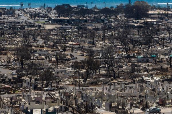  Charred remains of homes are visible following a wildfire