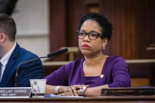 Hon. Kamillah Hanks speaking at a public safety hearing in the council chambers of New York City Hall on December 12, 2022