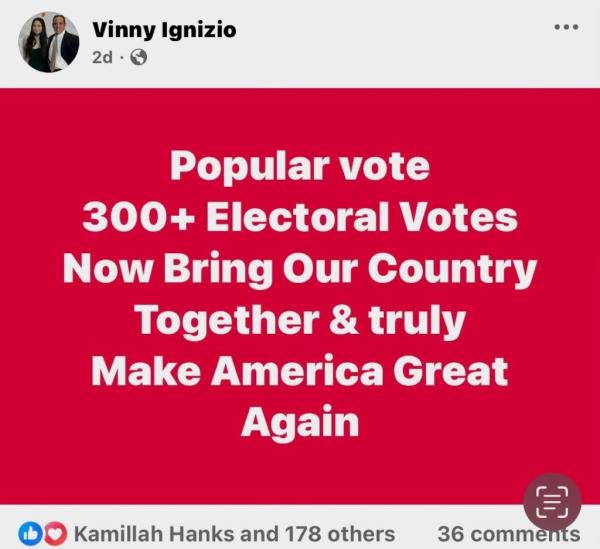 Screen grab of Staten Island Councilwoman Kamillah Hanks commenting 'Well said' on a pro-Trump Facebook post by Republican Vincent Ignizio