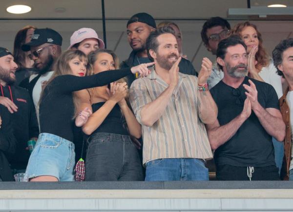 Taylor Swift at the New York Jets vs. Kansas City Chiefs game with Ryan Reynolds and Hugh Jackman.