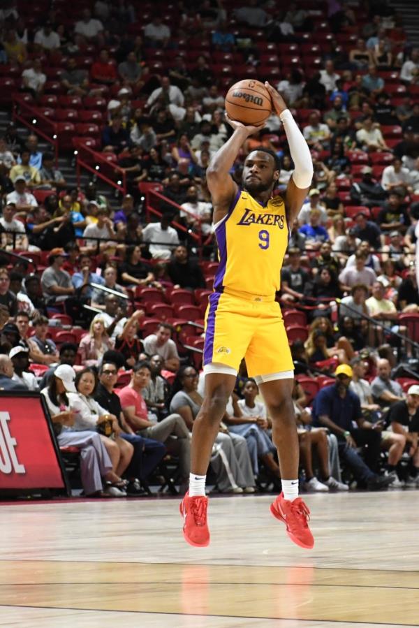 Bro<em></em>nny James Jr. #9 of the Los Angeles Lakers scores on a three point shot against the Atlanta Hawks in the first half of a 2024 NBA Summer League game at the Thomas & Mack Center on July 17, 2024 in Las Vegas, Nevada.  