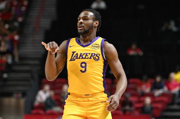 Bro<em></em>nny James Jr. #9 of the Los Angeles Lakers reacts to scoring on the Cleveland Cavaliers in the first half of a 2024 NBA Summer League game at the Thomas & Mack Center on July 18, 2024 in Las Vegas, Nevada.  